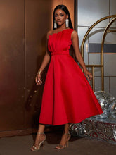 Solid One Shoulder Pleated Front Christmas Party Dress, Elegant Dress, For New Year Eve